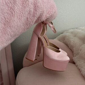 Baby Pink Satin Platform Heels